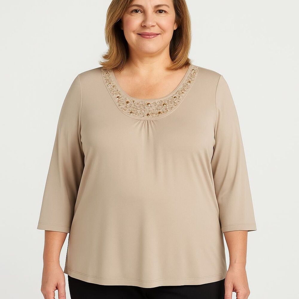 Susan Graver 1X Beige Embellished Scoop Neck 3/4 Sleeve Top Beaded Dressy Blouse - Picture 6 of 6